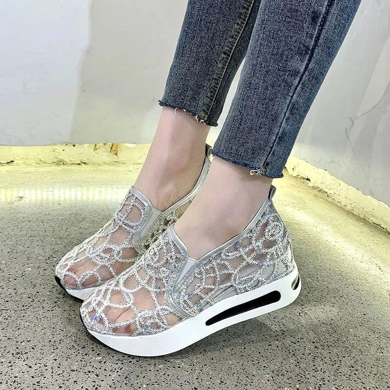 Ashore Shop womens Wedge Shoes Sequin Mesh Breathable Shoes Women Gold Silver Platform Sneakers