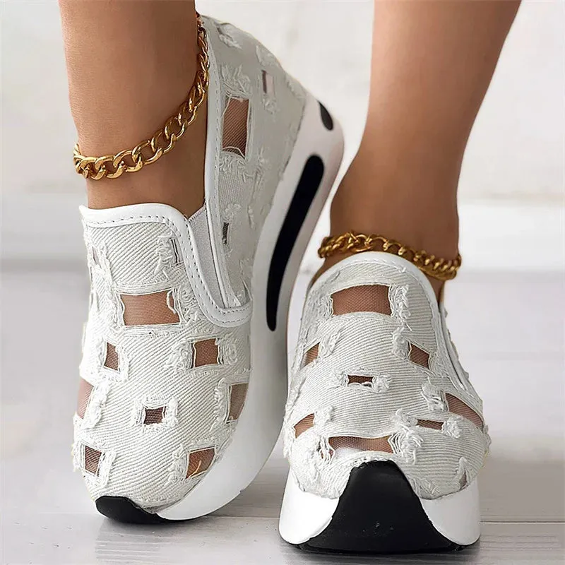 Ashore Shop womens Wedge Shoes Sequin Mesh Breathable Shoes Women Gold Silver Platform Sneakers