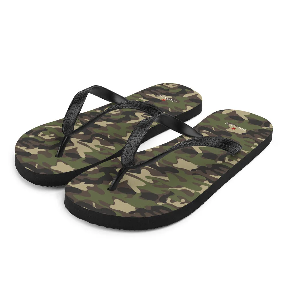 Camo Flip Flops, Camouflage Army Green Comfortable Footwear Thong Sandals Summer Woman Men Beach Print Rubber Slip On Shoes