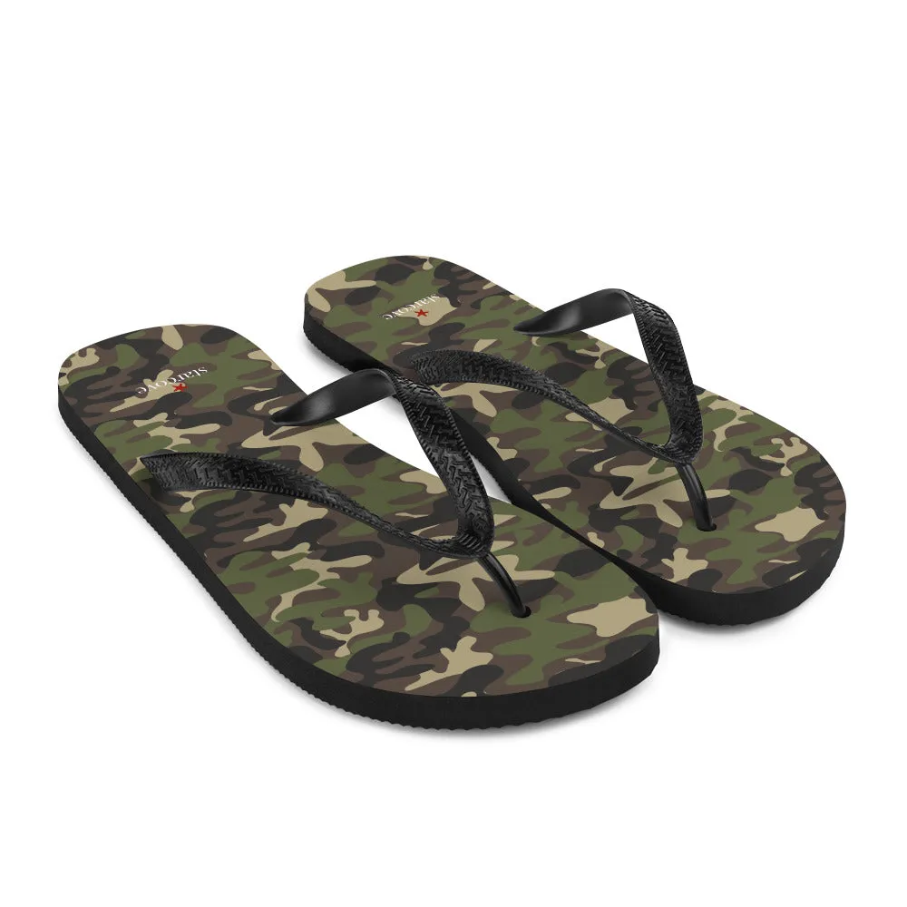 Camo Flip Flops, Camouflage Army Green Comfortable Footwear Thong Sandals Summer Woman Men Beach Print Rubber Slip On Shoes