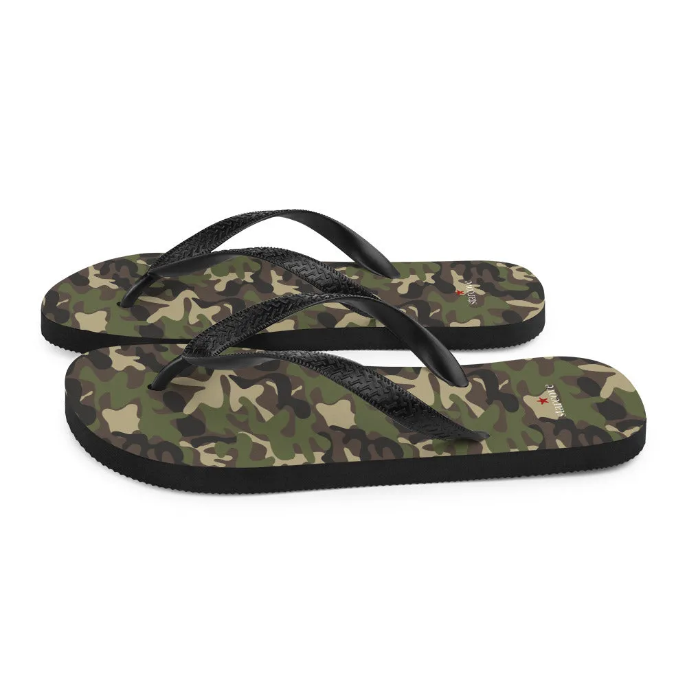 Camo Flip Flops, Camouflage Army Green Comfortable Footwear Thong Sandals Summer Woman Men Beach Print Rubber Slip On Shoes