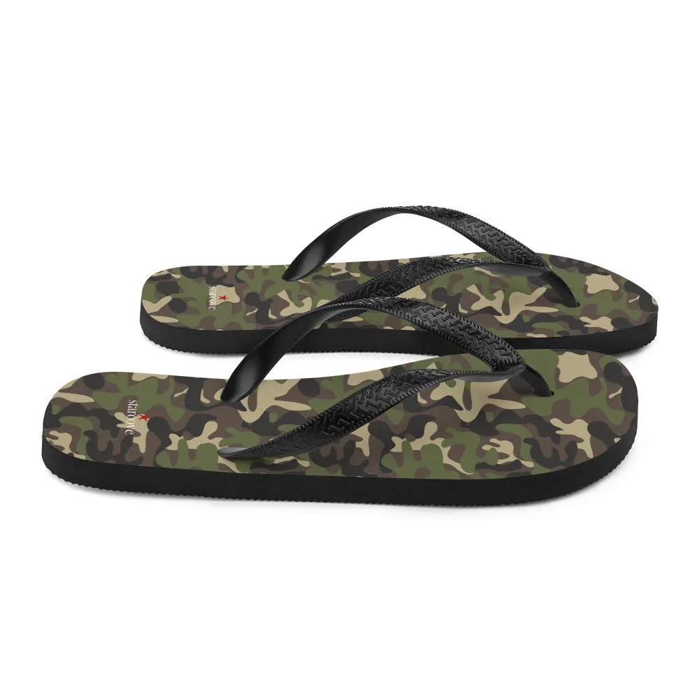 Camo Flip Flops, Camouflage Army Green Comfortable Footwear Thong Sandals Summer Woman Men Beach Print Rubber Slip On Shoes