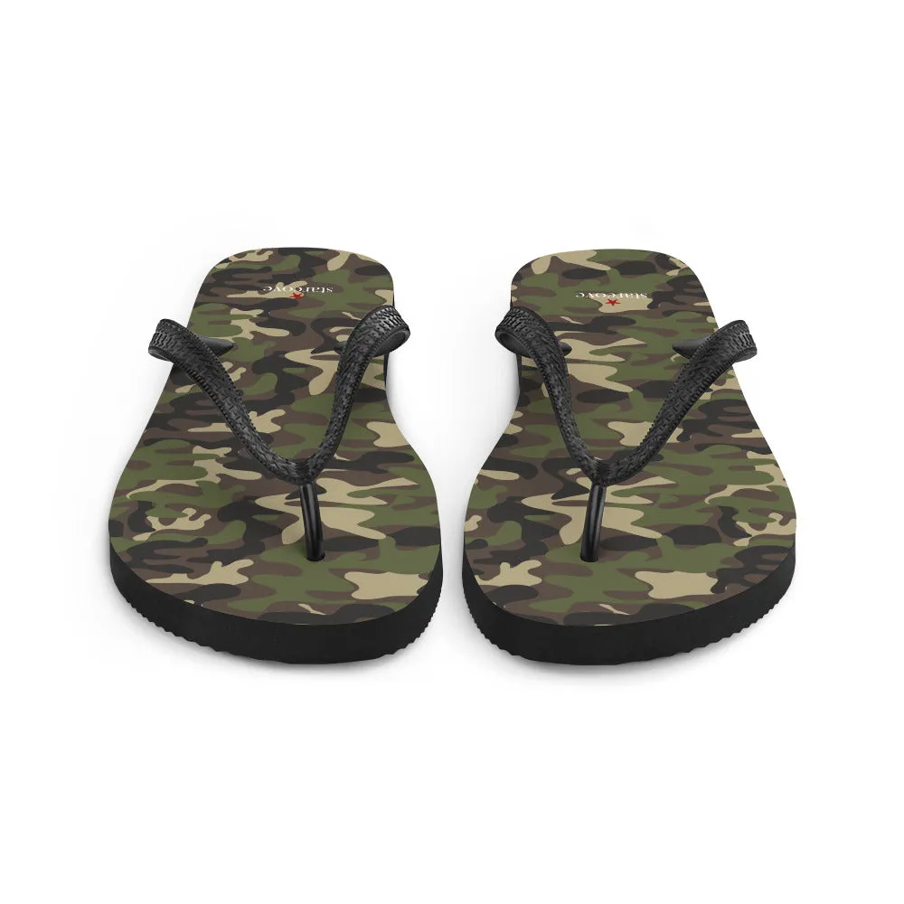 Camo Flip Flops, Camouflage Army Green Comfortable Footwear Thong Sandals Summer Woman Men Beach Print Rubber Slip On Shoes