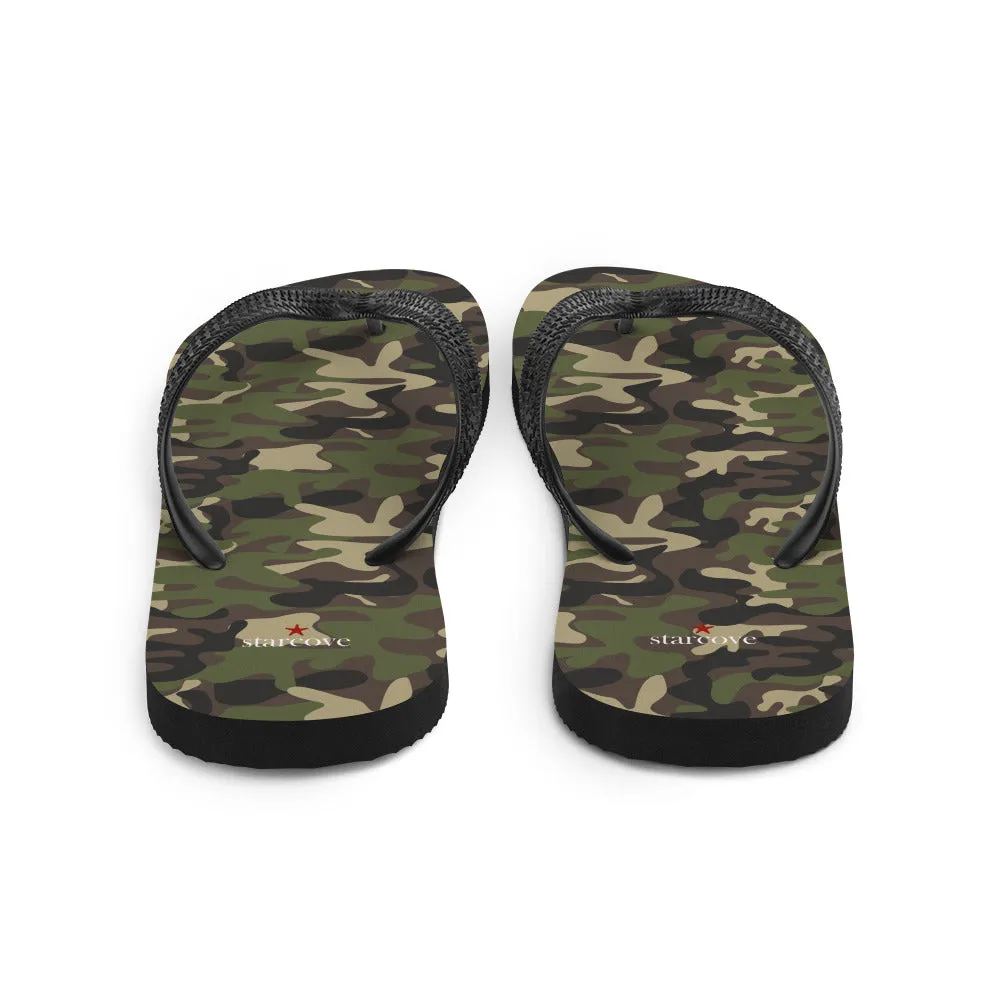 Camo Flip Flops, Camouflage Army Green Comfortable Footwear Thong Sandals Summer Woman Men Beach Print Rubber Slip On Shoes