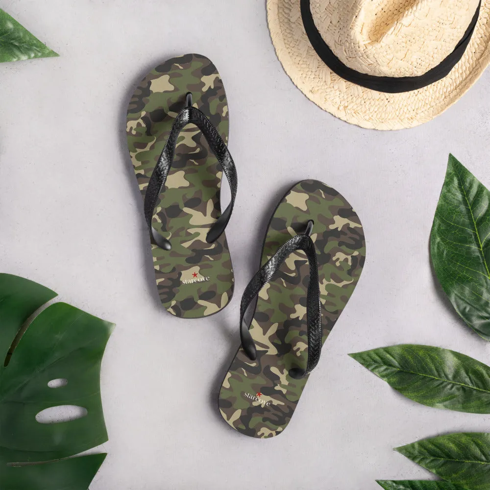 Camo Flip Flops, Camouflage Army Green Comfortable Footwear Thong Sandals Summer Woman Men Beach Print Rubber Slip On Shoes