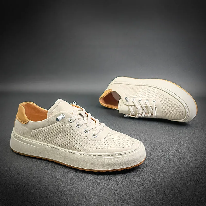 Men Breathable Leather Fashion Flat White Sneakers