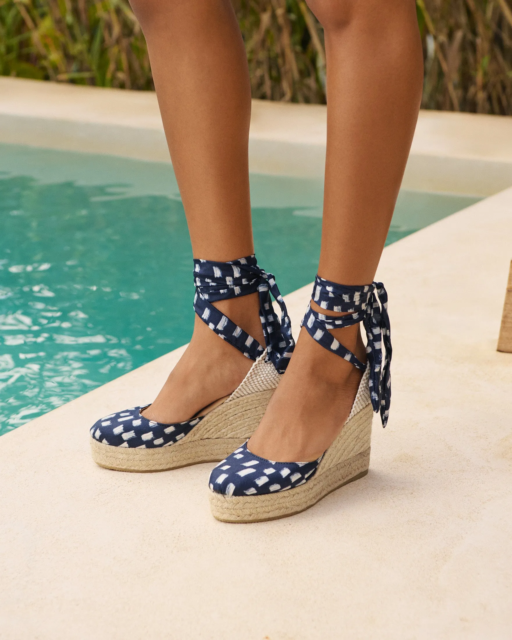 Silk Wedge Espadrilles - H48WV - Monaco Navy Blue Pois