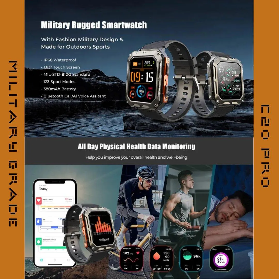 TUTT C20-Pro Men Military Rugged SmartWatch Speaker Pedometer IP68 Waterproof Outdoor 1.83'' HD Tactical Watch Sport Fitness Modes SpO2