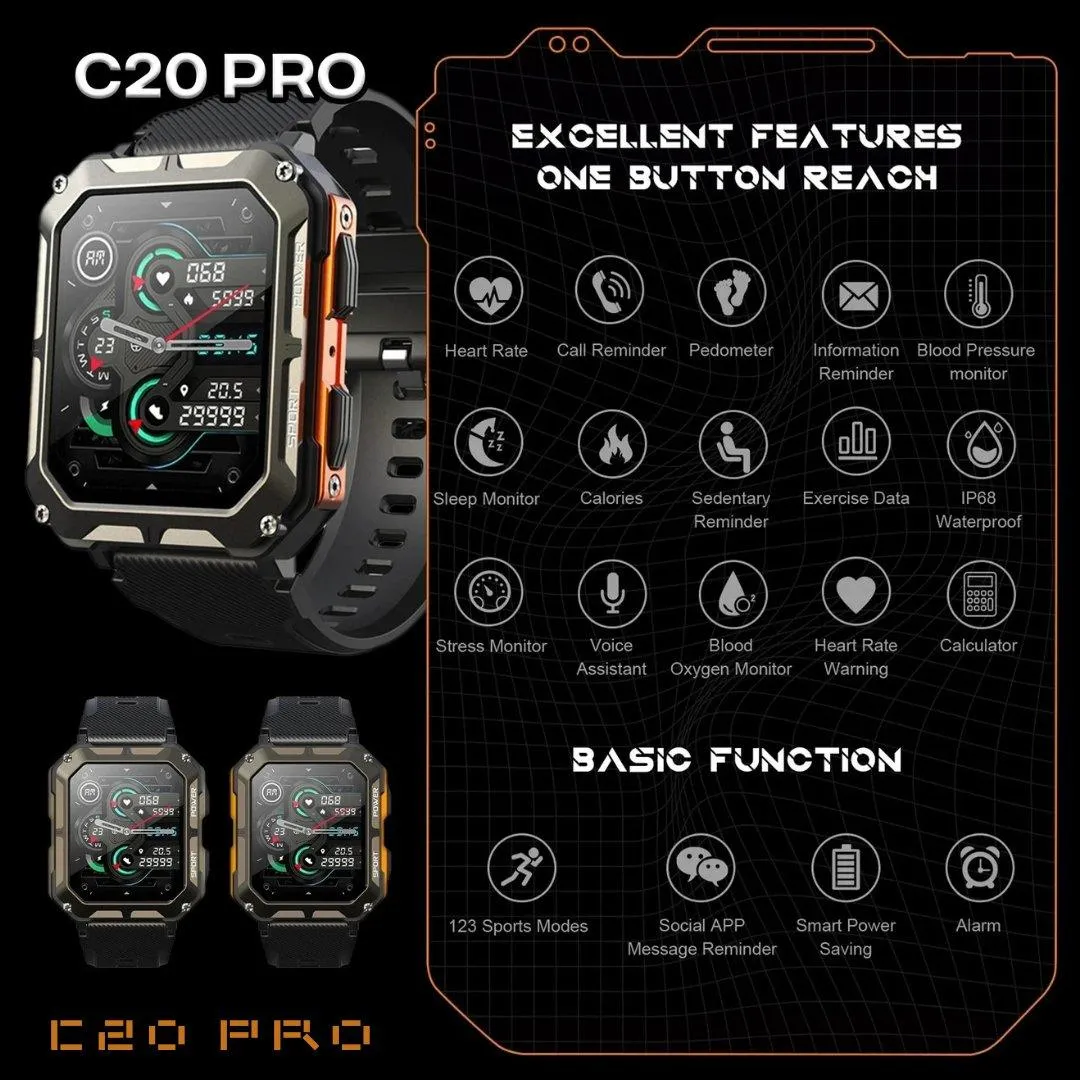 TUTT C20-Pro Men Military Rugged SmartWatch Speaker Pedometer IP68 Waterproof Outdoor 1.83'' HD Tactical Watch Sport Fitness Modes SpO2