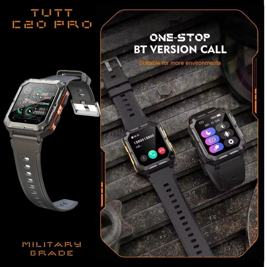 TUTT C20-Pro Men Military Rugged SmartWatch Speaker Pedometer IP68 Waterproof Outdoor 1.83'' HD Tactical Watch Sport Fitness Modes SpO2