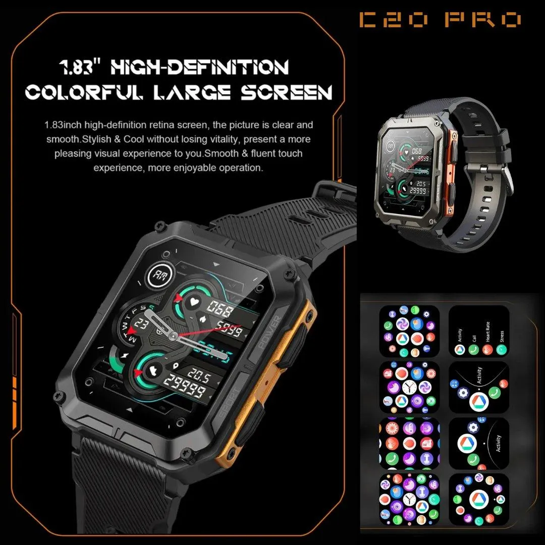 TUTT C20-Pro Men Military Rugged SmartWatch Speaker Pedometer IP68 Waterproof Outdoor 1.83'' HD Tactical Watch Sport Fitness Modes SpO2