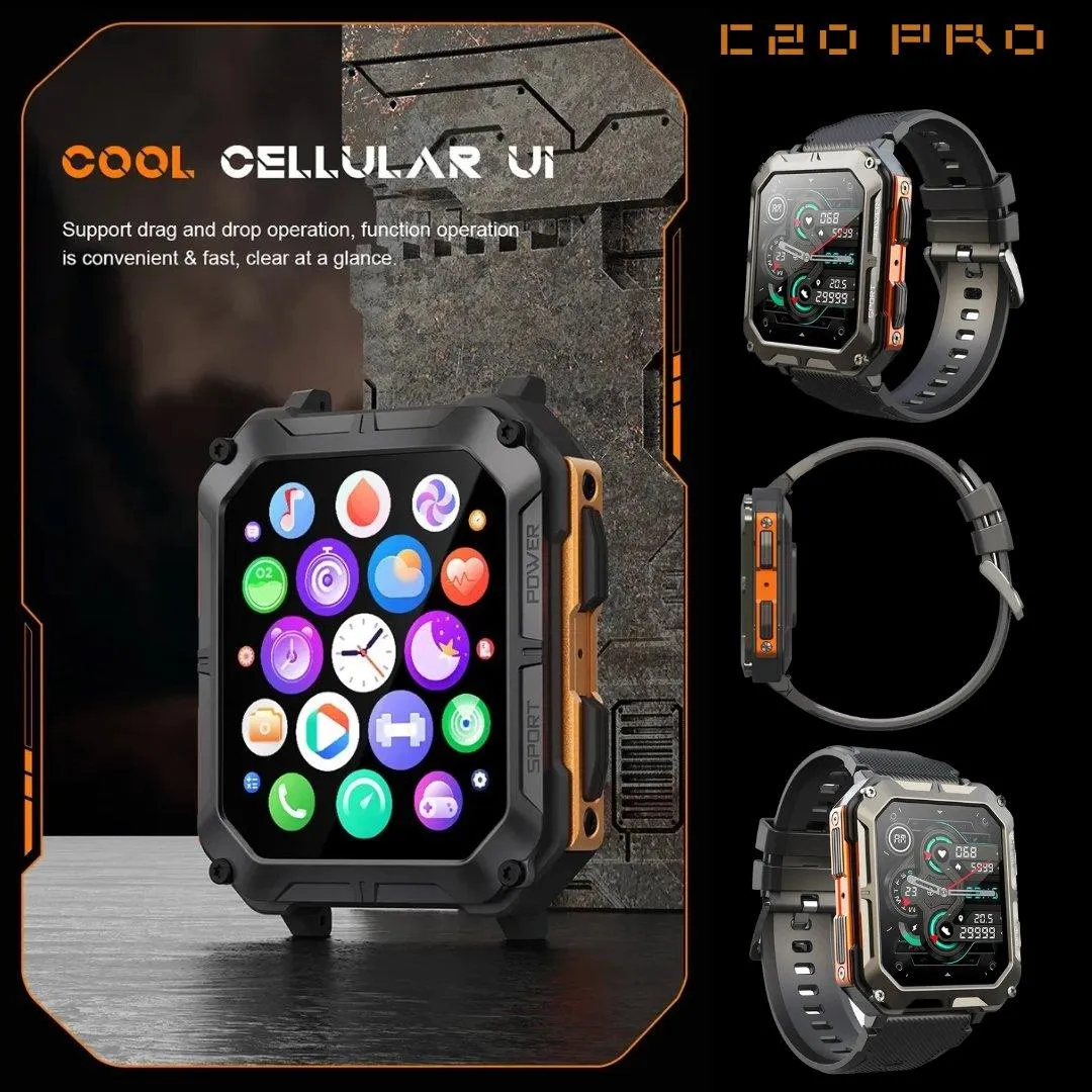 TUTT C20-Pro Men Military Rugged SmartWatch Speaker Pedometer IP68 Waterproof Outdoor 1.83'' HD Tactical Watch Sport Fitness Modes SpO2