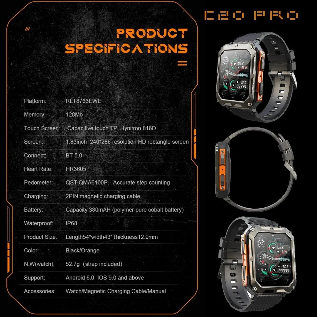 TUTT C20-Pro Men Military Rugged SmartWatch Speaker Pedometer IP68 Waterproof Outdoor 1.83'' HD Tactical Watch Sport Fitness Modes SpO2