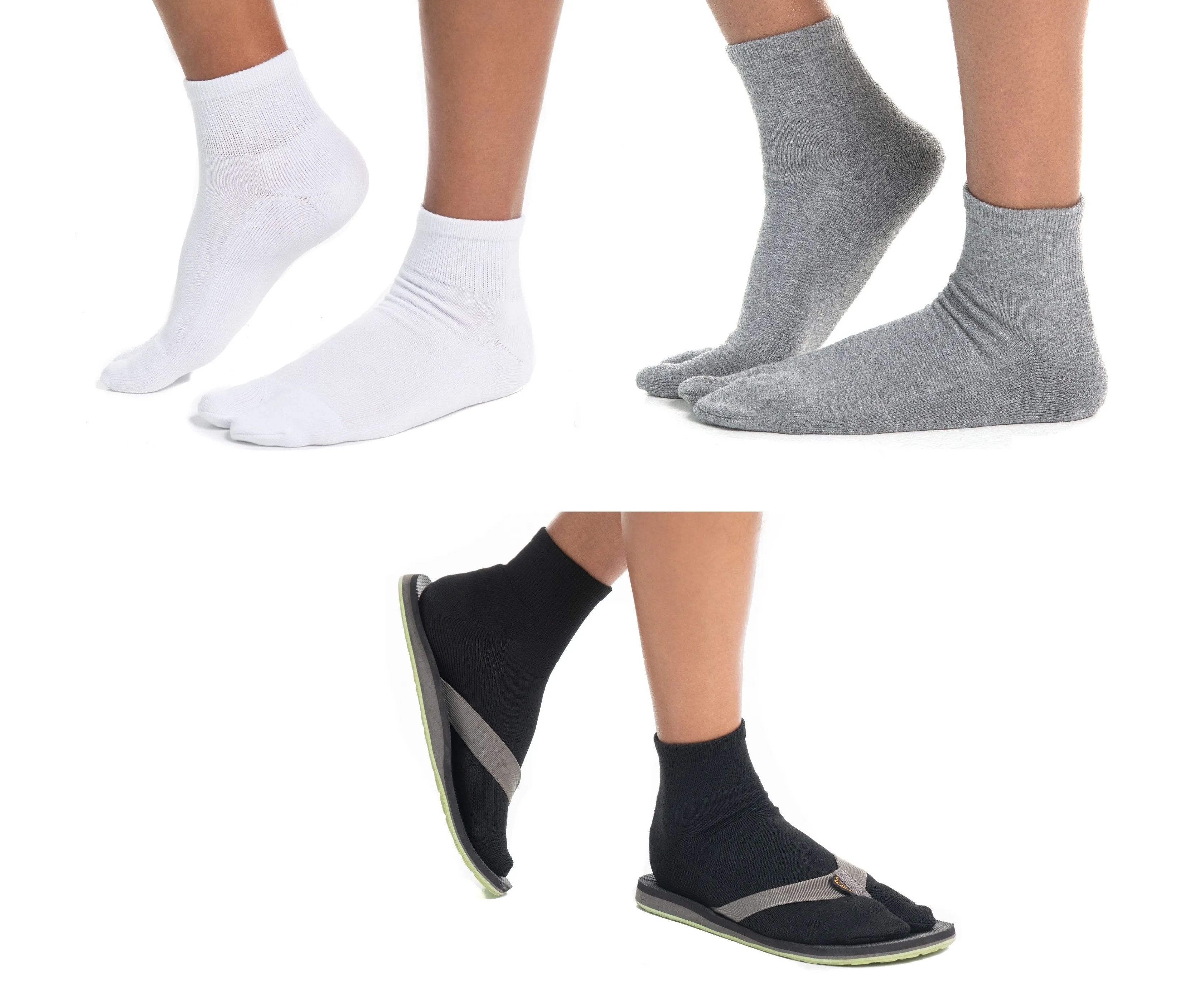 V-Toe Flip-Flop Socks Brand 3 Pairs Thicker Mini Crew - Black, White, Grey Solids