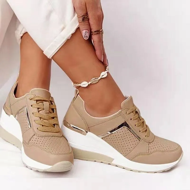 Women summer casual walking hollow breathable lace up wedge sneakers