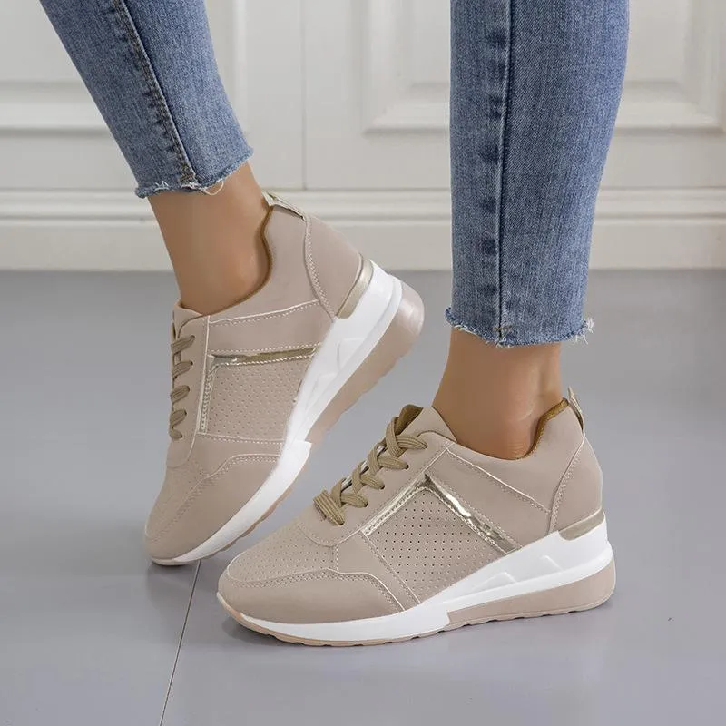 Women summer casual walking hollow breathable lace up wedge sneakers